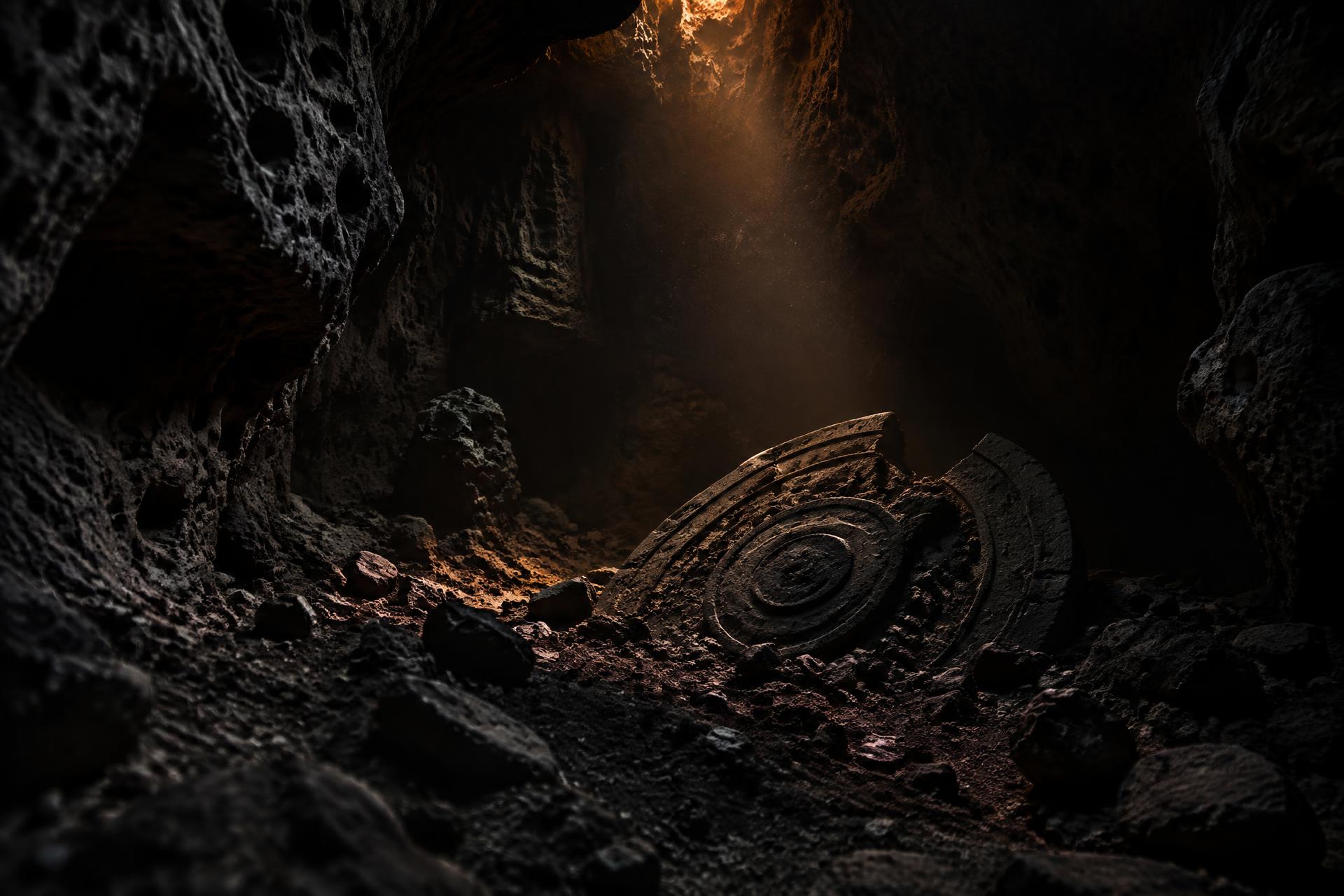 Inside THE CAVE — a carved stone relic lit by ember light